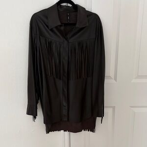 Mango brown Faux Leather Fringe Button-Up Shirt